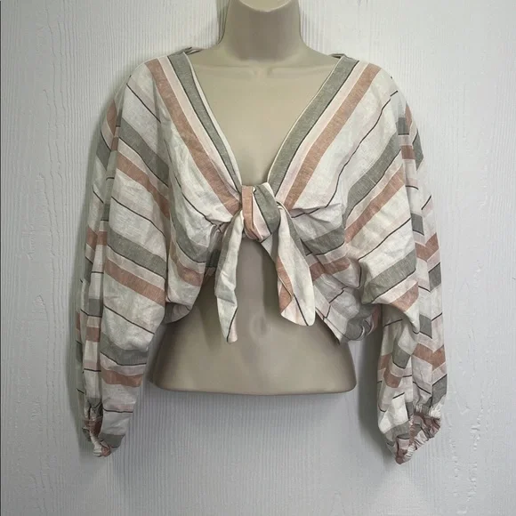 Zara - Striped Colorful Linen Blend Long Sleeve Crop Tie Blouse Size Medium - Picture 2 of 8